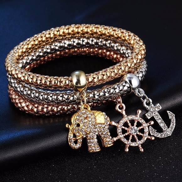 3 PCS Elephant Crystal Multi Toned Bracelet Set - Picture 3 of 3